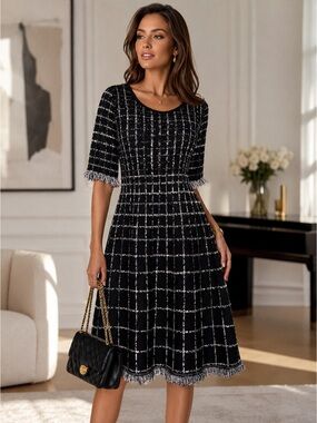 Taylor Checked Tweed Midi Dress with Fringe Trim - Great Preloved Condition
